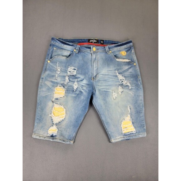 Frost Origin Shorts Mens 38 Blue Distressed Ripped Denim Yellow Patch Streetwear - Picture 1 of 15